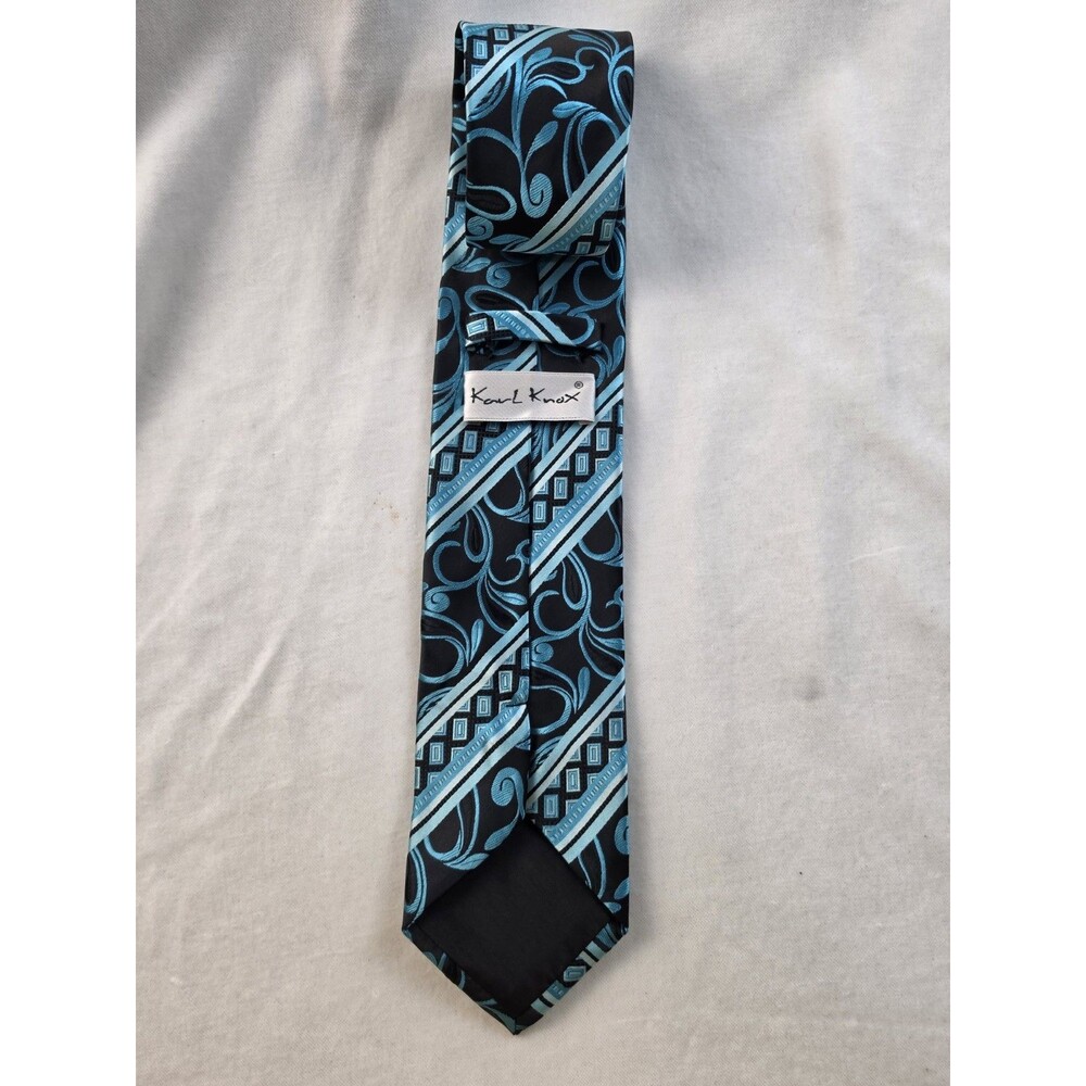 Karl Knox Teal Light Blue & Black Geometric Paisley Jacquard Silk Tie